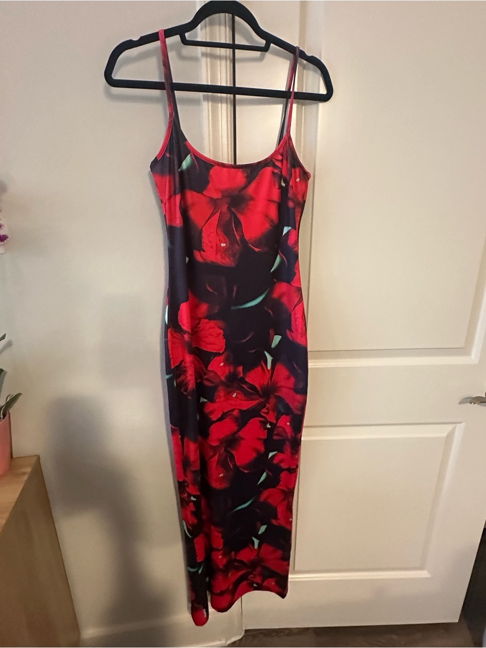 Red Floral Slip Dress - Sleek Spaghetti Strap Midi